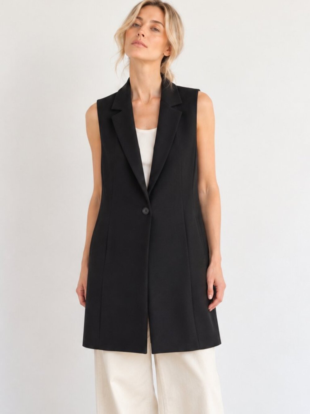 Zara Black Sleeveless Longline Blazer Vest Tailored Minimalist Workwear XS